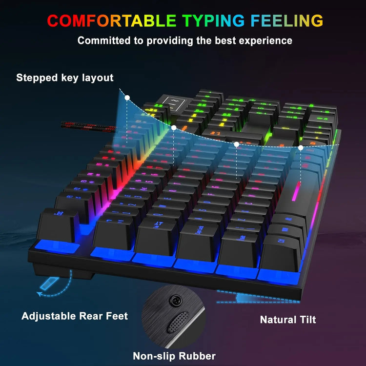 Gaming Keyboard and Mouse Set, UK Layout, RGB Backlit Wired Keyboard, Ergonomic 4-Color LED Gaming Mouse, Large Mousepad, USB Plug & Play for PC, Mac, PS4, Xbox