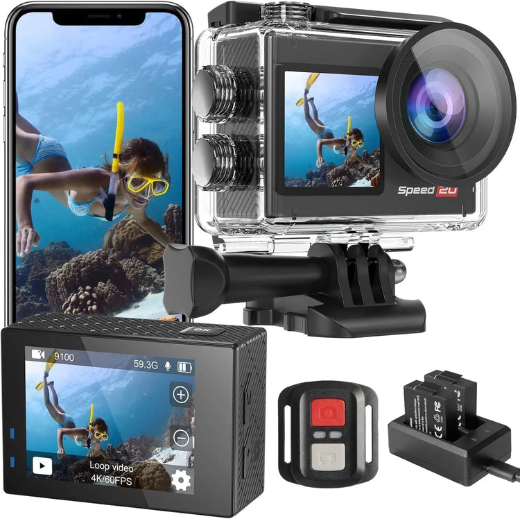 Hiicam Speed 20 Action Camera Dural Screen 4K 60FPS Underwater Camera Snorkeling 131FT, Waterproof Camera with EIS Stabilization, Wireless Remote, 5X Zoom, 170° Wide Angle (black-1)