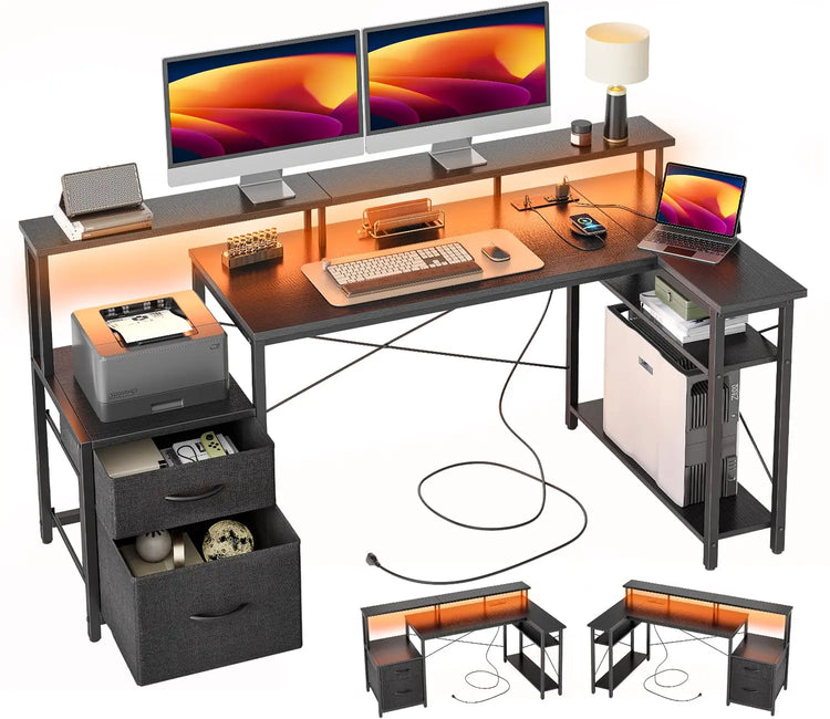 BEXEVUE L Shaped Gaming Desk, 100x70 cm Computer Desk with Storage Bag, Office Desk Small Writing Table with Large Reversible Storage Shelves, Workstation for Study Play Work Home Office, Black