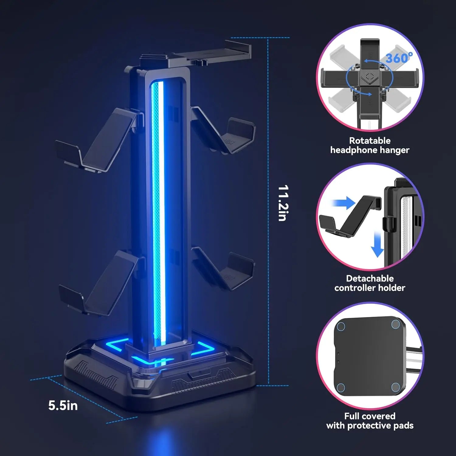 KDD Headset Stand with 9 Light Modes - Gaming Controller Holder for Desk - Rotatable Headphone Stand & Detachable Controller Hook for Gamer Gaming PC Xbox ONE PS5 Earphone Accessories（Black