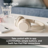 Sony WH-CH520 Wireless Bluetooth On-Ear Headphones, Lightweight Design, Up to 50hr Battery Life, Quick Charge, EQ, Clear Call Quality, iOS & Android - Black
