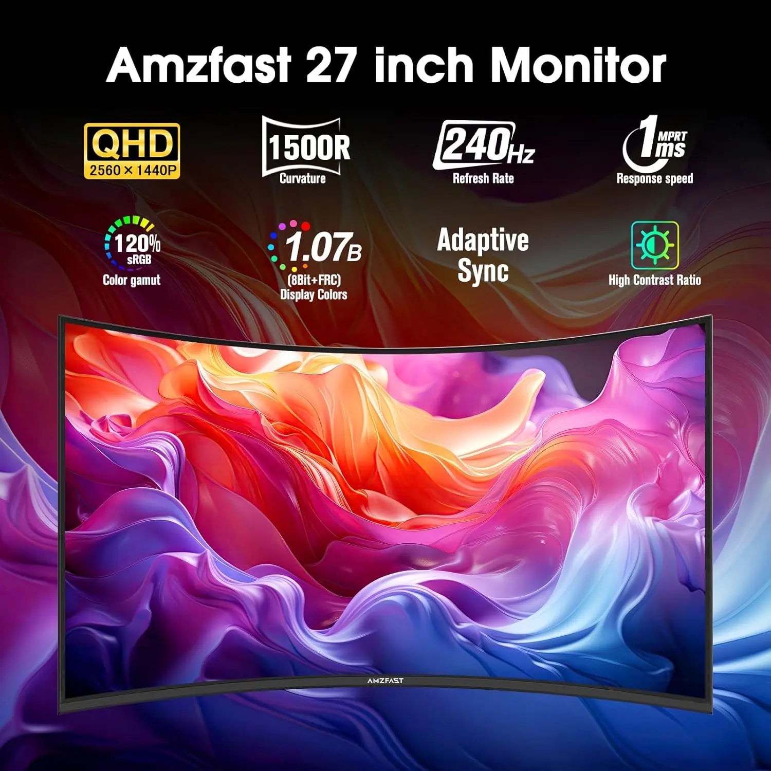 Amzfast 27 Inch 240Hz Gaming Monitor, QHD 2560x1440p, Curved VA Panel, 1500R, 1ms MPRT, Adaptive Sync, HDR, 120% sRGB, VESA 100x100mm, HDMI 2.0&DisplayPort 1.4, AMZG27C1Q Pro