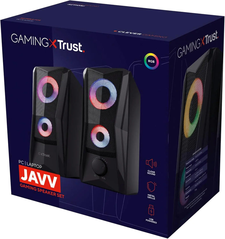 Trust Gaming GXT 606B Javv PC Speakers 2.0 with RGB Lights, 12W (6W RMS), 3.5 mm Jack, Metal Grille, USB Powered Gamer Sound System, Compact Stereo Computer Speakers for Desktop/Laptop - Black