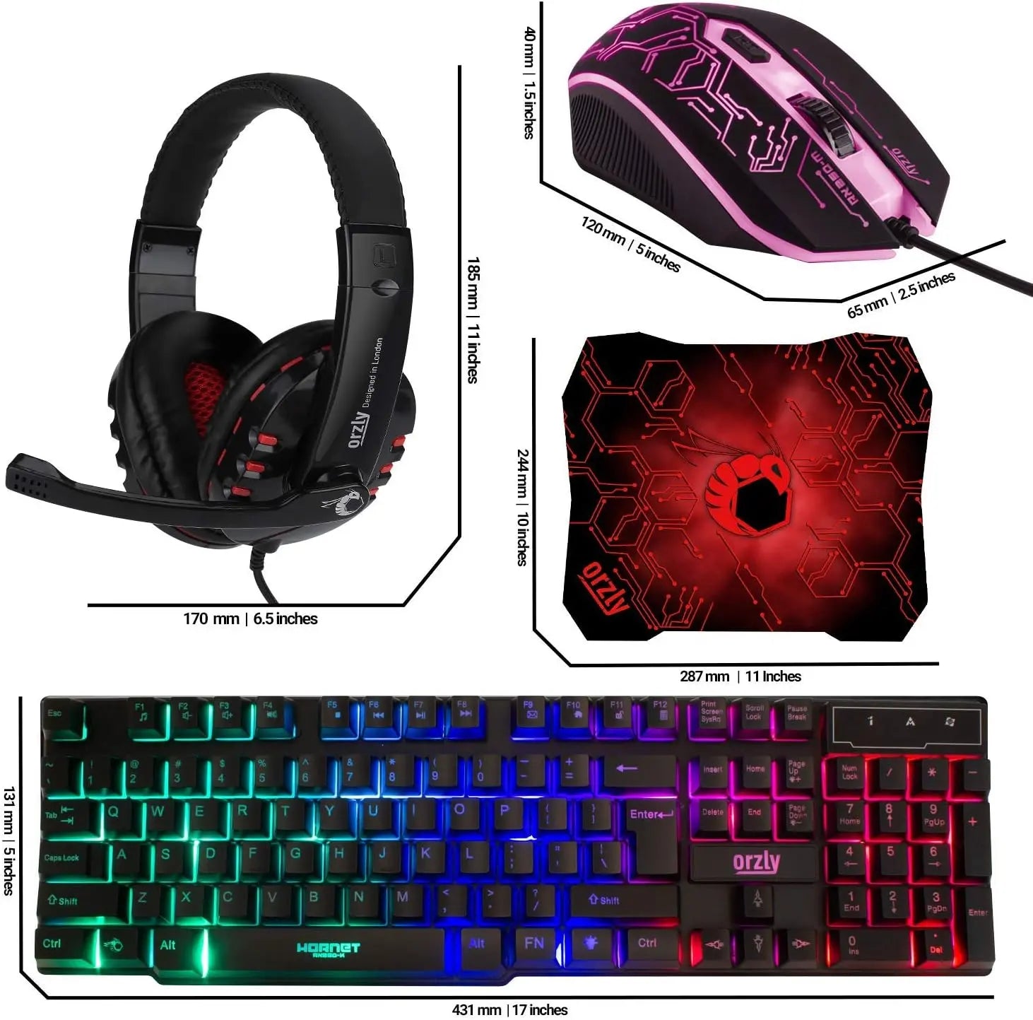 Gaming Keyboard and Mouse and Mouse pad and Gaming Headset, Wired LED RGB Backlight Bundle for PC Gamers Users - 4 in 1 Gift Box Edition Hornet RX-250