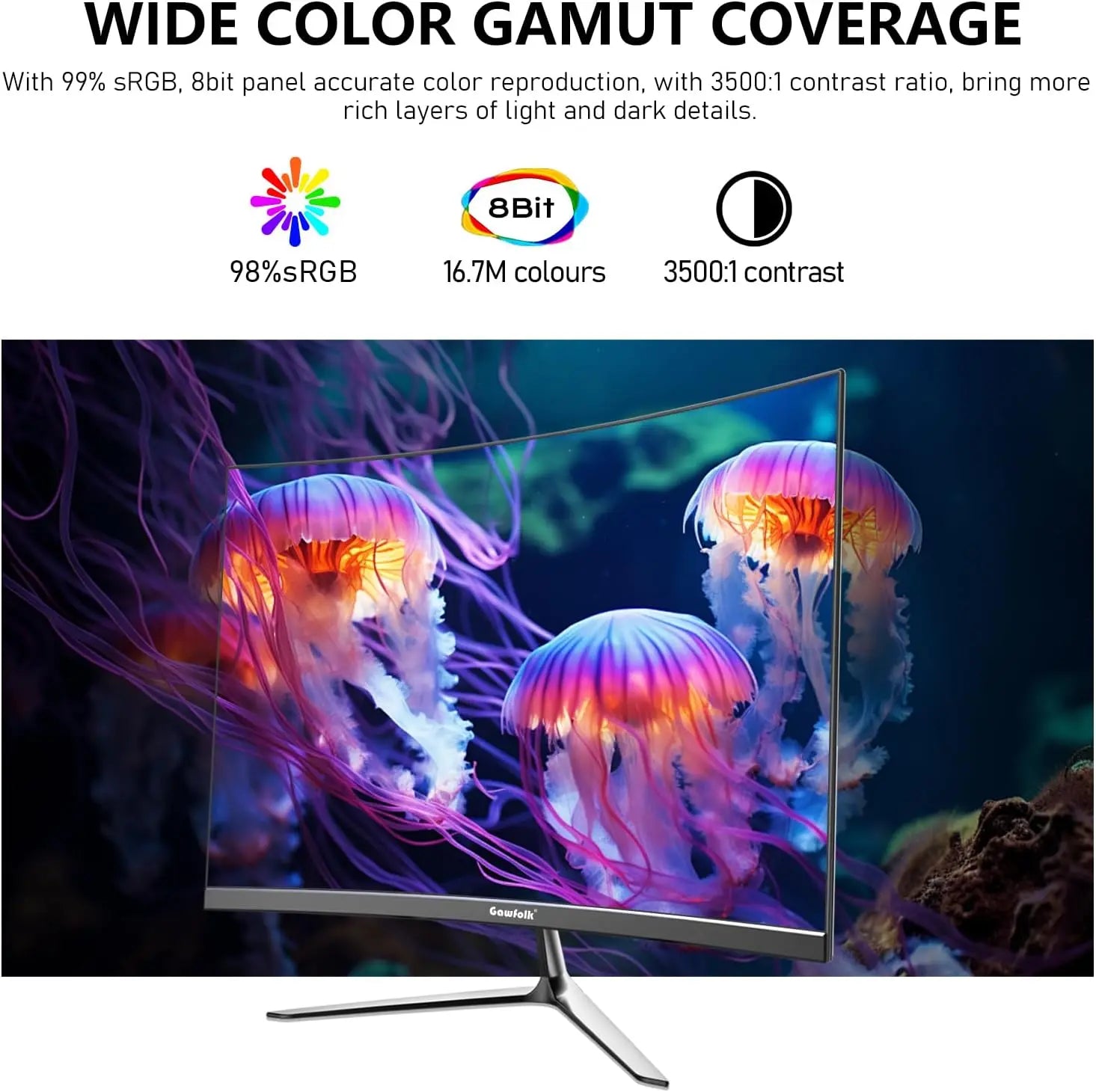 Gawfolk 24.5-inch PC Screen, Curved(3000R) 120hz Gaming Monitor with Built-in Speakers FHD 1080p 1ms Bezel-less, 98% sRGB, 178° Wide Angle, HDMI、VGA, Compatible with Wall Mounted VESA 75*75MM - Black