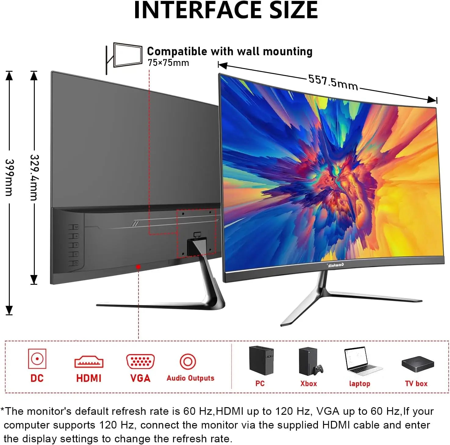 Gawfolk 24.5-inch PC Screen, Curved(3000R) 120hz Gaming Monitor with Built-in Speakers FHD 1080p 1ms Bezel-less, 98% sRGB, 178° Wide Angle, HDMI、VGA, Compatible with Wall Mounted VESA 75*75MM - Black