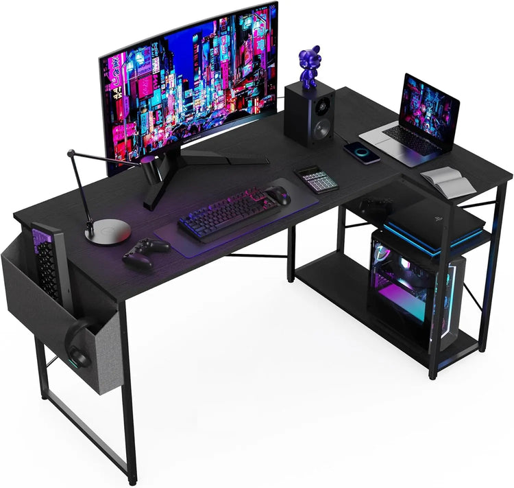 BEXEVUE L Shaped Gaming Desk, 100x70 cm Computer Desk with Storage Bag, Office Desk Small Writing Table with Large Reversible Storage Shelves, Workstation for Study Play Work Home Office, Black
