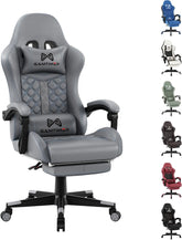 Gaming Chair with Footrest, Ergonomic Computer Chairs, Reclining High Back PU Leather Racing Gamer Chair with Headrest and Lumbar Support, Height Adjustable Video Game Chair for Adult, Gray