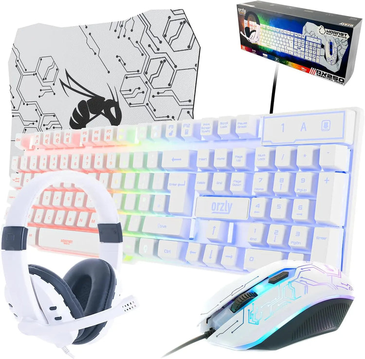 White Gaming Keyboard and Mouse and Gaming Headset & Mouse Pad, Wired LED RGB Backlight Bundle for PC Gamers Users - 4 in 1 White Edition Hornet RX-250