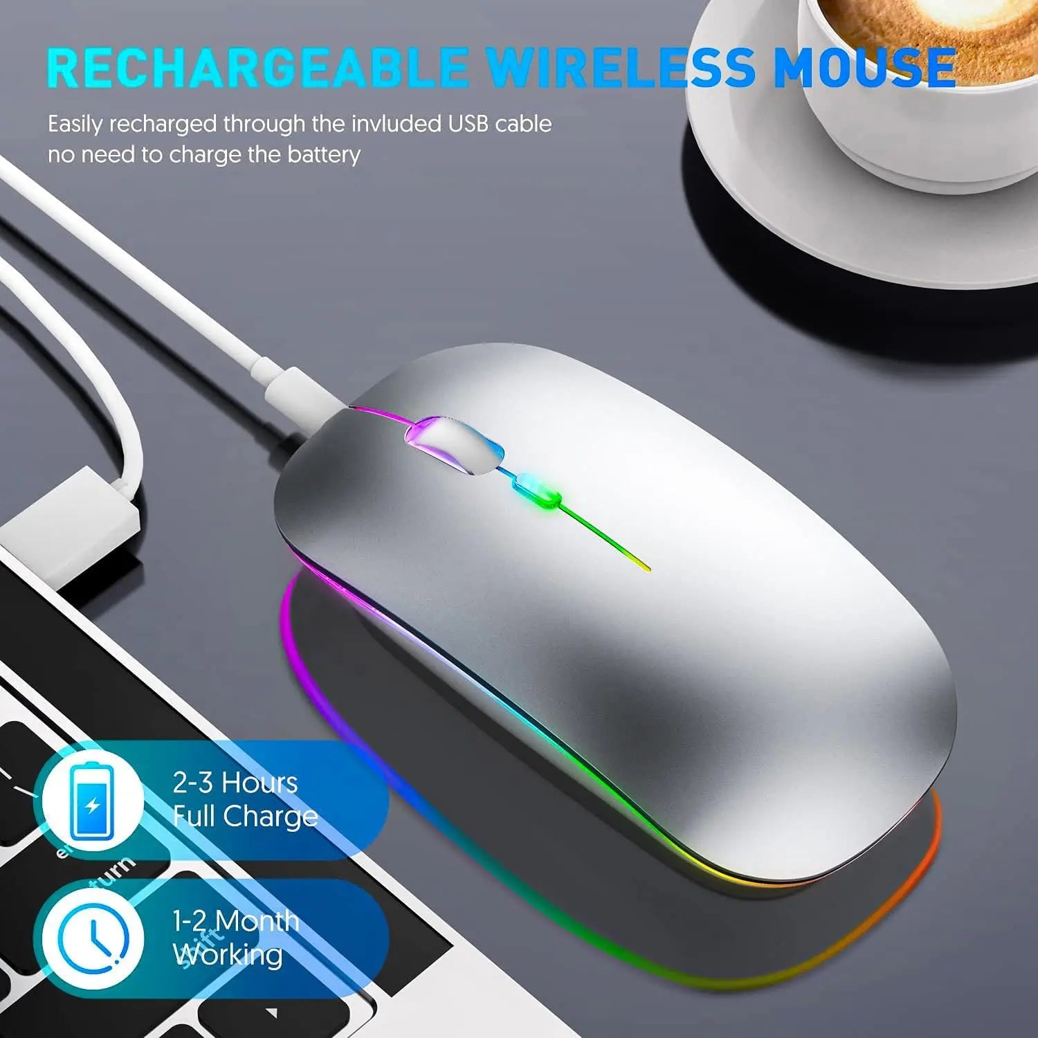 Wireless Mouse for Laptop With 2 USB A to USB C Adapter, 2.4GHZ Bluetooth Mouse Rechargeable, US B Mouse 3 Buttons-Laptop Mouse Wireless PC Mous e 800 to 2400 Dpi, Lapto p Mouse Computer Accessories