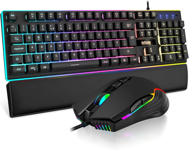 RedThunder K10 Wired Gaming Keyboard and Mouse Combo, UK Layout, True RGB Backlight, Soft Leather Wrist Rest, Mechanical Feel Ergonomic Anti-Ghosting Keyboard + 7D 7200 DPI Mouse for PC Mac (Black)