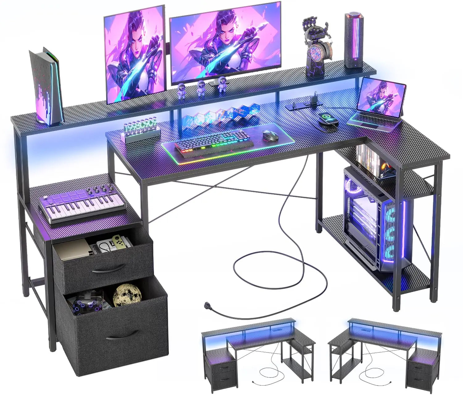 BEXEVUE L Shaped Gaming Desk, 100x70 cm Computer Desk with Storage Bag, Office Desk Small Writing Table with Large Reversible Storage Shelves, Workstation for Study Play Work Home Office, Black