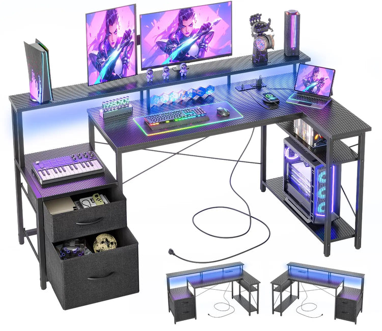 BEXEVUE L Shaped Gaming Desk, 100x70 cm Computer Desk with Storage Bag, Office Desk Small Writing Table with Large Reversible Storage Shelves, Workstation for Study Play Work Home Office, Black