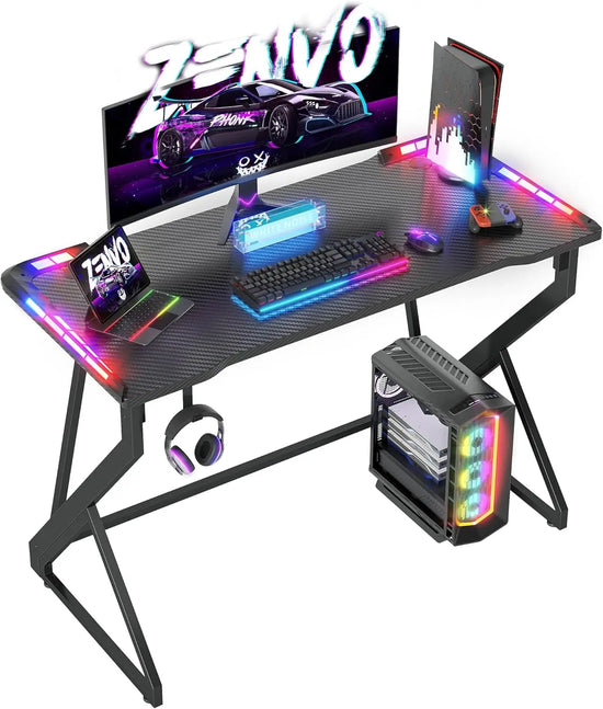 BEXEVUE Gaming Desk with LED Armor, 100x50 cm RGB Computer Desk with Carbon Fiber and Z Frame Design Gaming PC Desk with Head Phone Hook for E-sport Gamer Table, Easy Assemble Home Office desk, Black