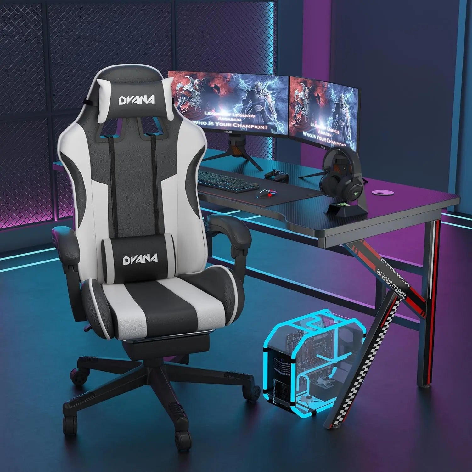 CAIYUN Gaming Chair with Footrest, Computer Gaming Chair for Adults, Ergonomic Vedio Game Chairs with Lumbar Support and Headrest, Height Adjustable PC Chairs with 360°-Swivel, White & Black