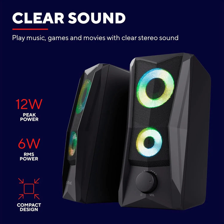 Trust Gaming GXT 606B Javv PC Speakers 2.0 with RGB Lights, 12W (6W RMS), 3.5 mm Jack, Metal Grille, USB Powered Gamer Sound System, Compact Stereo Computer Speakers for Desktop/Laptop - Black