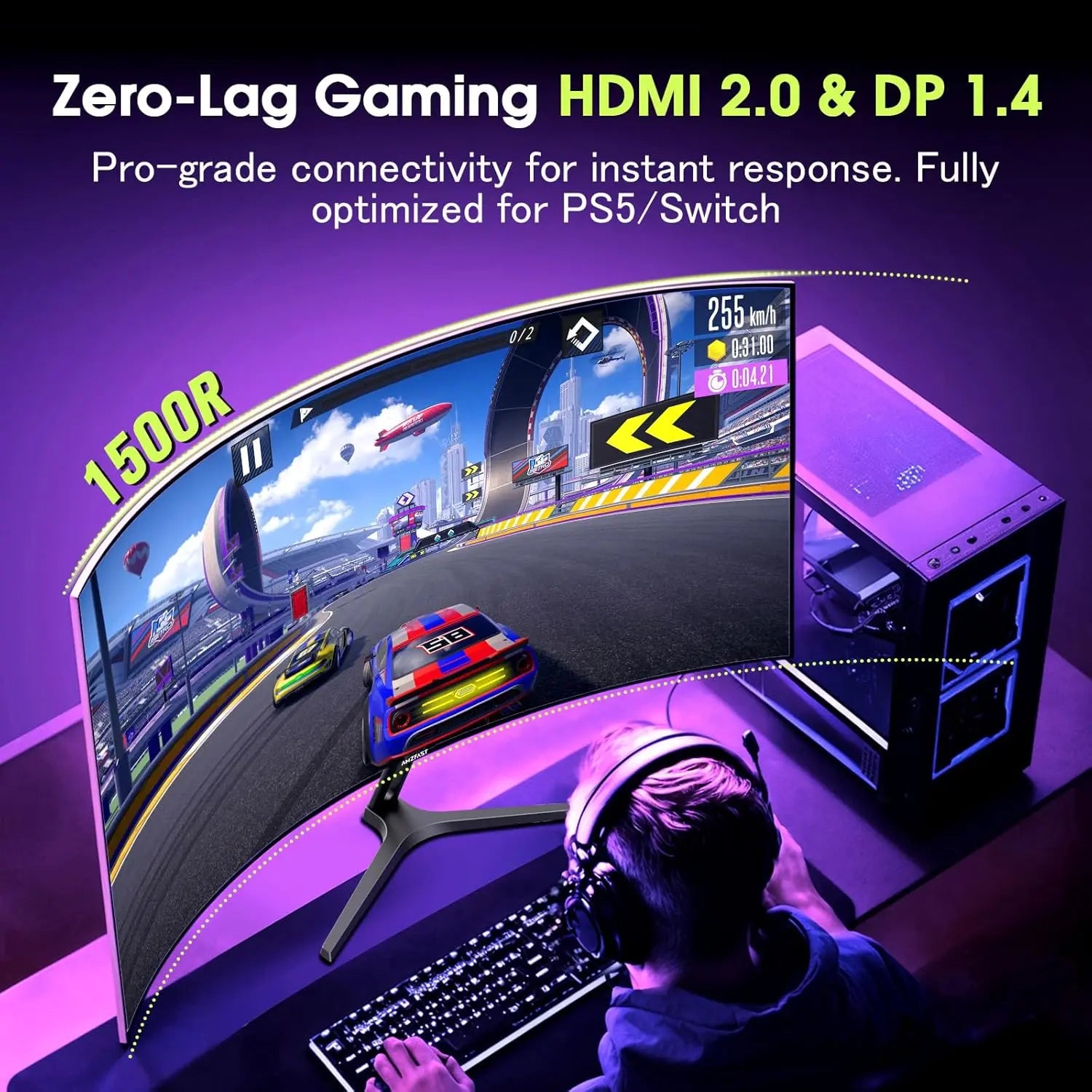 Amzfast 27 Inch 240Hz Gaming Monitor, QHD 2560x1440p, Curved VA Panel, 1500R, 1ms MPRT, Adaptive Sync, HDR, 120% sRGB, VESA 100x100mm, HDMI 2.0&DisplayPort 1.4, AMZG27C1Q Pro