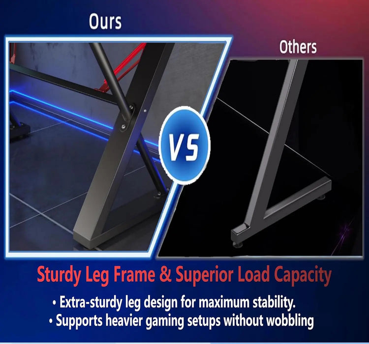 100 * 55 cm Gaming Desk with LED Lights, Gaming Table Thickened Z Shaped, Gamer Desk with Carbon Fiber Coated, Gaming PC Desk, Computer Desk Easy to Assemble, Carbon Fiber Black