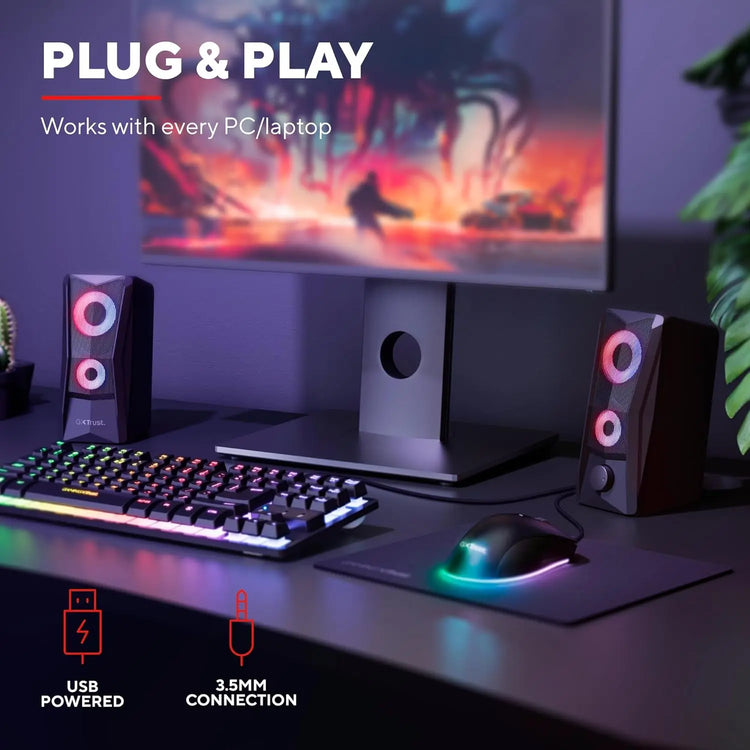 Trust Gaming GXT 606B Javv PC Speakers 2.0 with RGB Lights, 12W (6W RMS), 3.5 mm Jack, Metal Grille, USB Powered Gamer Sound System, Compact Stereo Computer Speakers for Desktop/Laptop - Black