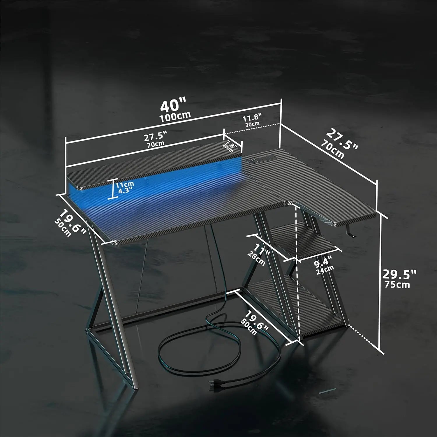 BEXEVUE L Shaped Gaming Desk with LED and Power Outlet, 100x70 cm RGB Computer Desk with Carbon Fiber Desktop Gaming PC Desk with Head Phone Hook for E-sport Gamer Table, Home Office desk, Black