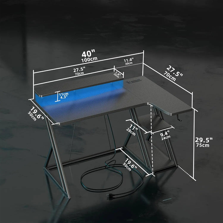 BEXEVUE L Shaped Gaming Desk with LED and Power Outlet, 100x70 cm RGB Computer Desk with Carbon Fiber Desktop Gaming PC Desk with Head Phone Hook for E-sport Gamer Table, Home Office desk, Black