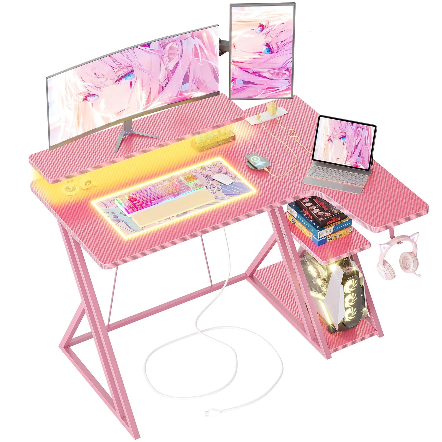 BEXEVUE L Shaped Gaming Desk with LED and Power Outlet, 100x70 cm RGB Computer Desk with Carbon Fiber Desktop Gaming PC Desk with Head Phone Hook for E-sport Gamer Table, Home Office desk, Black