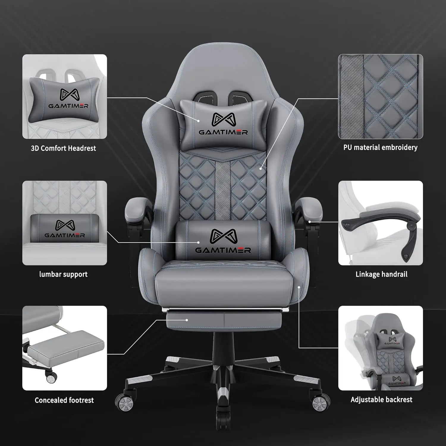 Gaming Chair with Footrest, Ergonomic Computer Chairs, Reclining High Back PU Leather Racing Gamer Chair with Headrest and Lumbar Support, Height Adjustable Video Game Chair for Adult, Gray