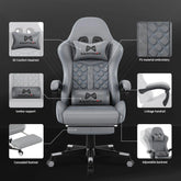 Gaming Chair with Footrest, Ergonomic Computer Chairs, Reclining High Back PU Leather Racing Gamer Chair with Headrest and Lumbar Support, Height Adjustable Video Game Chair for Adult, Gray