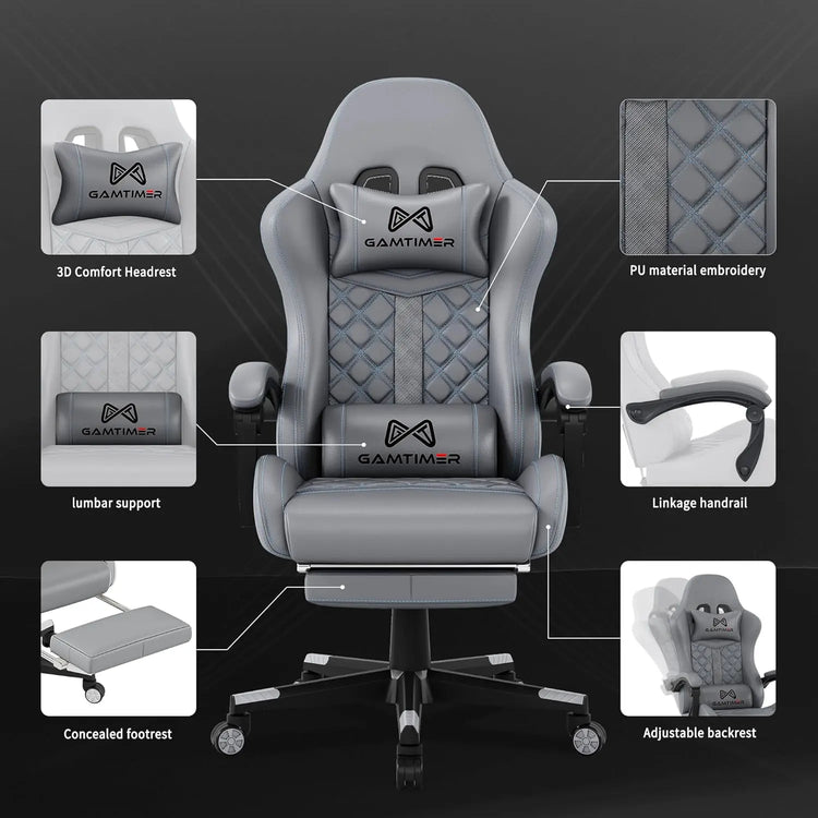 Gaming Chair with Footrest, Ergonomic Computer Chairs, Reclining High Back PU Leather Racing Gamer Chair with Headrest and Lumbar Support, Height Adjustable Video Game Chair for Adult, Gray