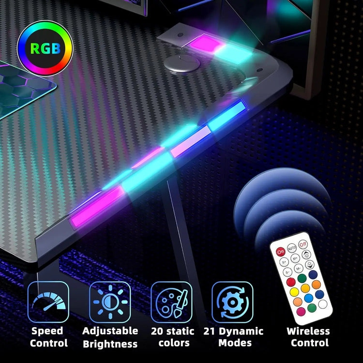 BEXEVUE Gaming Desk with LED Armor, 100x50 cm RGB Computer Desk with Carbon Fiber and Z Frame Design Gaming PC Desk with Head Phone Hook for E-sport Gamer Table, Easy Assemble Home Office desk, Black