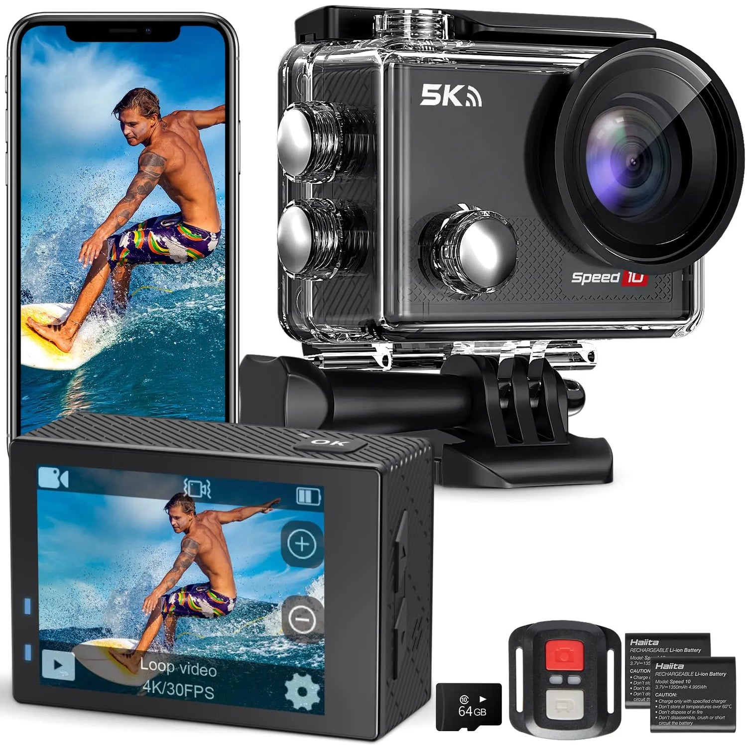 Hiicam Speed 20 Action Camera Dural Screen 4K 60FPS Underwater Camera Snorkeling 131FT, Waterproof Camera with EIS Stabilization, Wireless Remote, 5X Zoom, 170° Wide Angle (black-1)