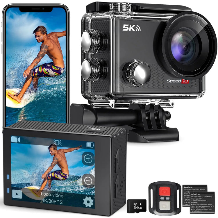 Hiicam Speed 20 Action Camera Dural Screen 4K 60FPS Underwater Camera Snorkeling 131FT, Waterproof Camera with EIS Stabilization, Wireless Remote, 5X Zoom, 170° Wide Angle (black-1)