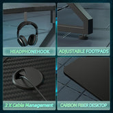 BEXEVUE Gaming Desk with LED Armor, 100x50 cm RGB Computer Desk with Carbon Fiber and Z Frame Design Gaming PC Desk with Head Phone Hook for E-sport Gamer Table, Easy Assemble Home Office desk, Black