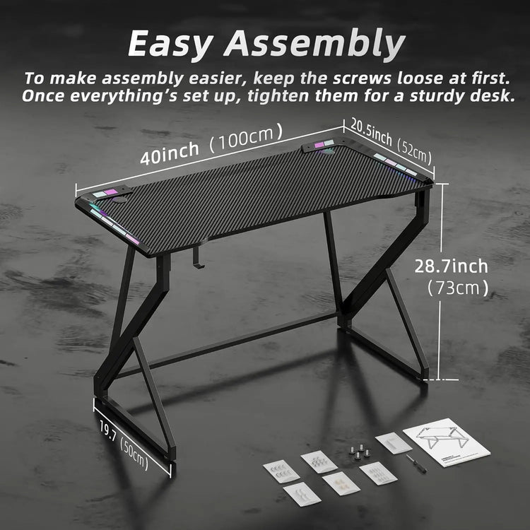 BEXEVUE Gaming Desk with LED Armor, 100x50 cm RGB Computer Desk with Carbon Fiber and Z Frame Design Gaming PC Desk with Head Phone Hook for E-sport Gamer Table, Easy Assemble Home Office desk, Black