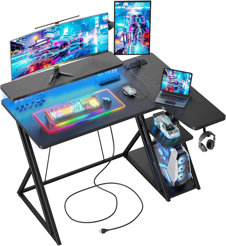 BEXEVUE L Shaped Gaming Desk with LED and Power Outlet, 100x70 cm RGB Computer Desk with Carbon Fiber Desktop Gaming PC Desk with Head Phone Hook for E-sport Gamer Table, Home Office desk, Black