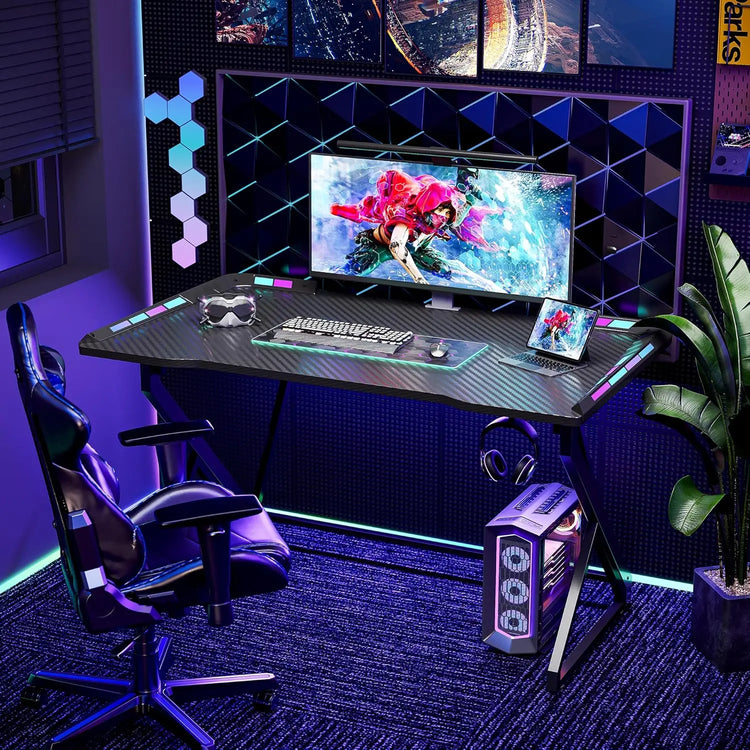 BEXEVUE Gaming Desk with LED Armor, 100x50 cm RGB Computer Desk with Carbon Fiber and Z Frame Design Gaming PC Desk with Head Phone Hook for E-sport Gamer Table, Easy Assemble Home Office desk, Black