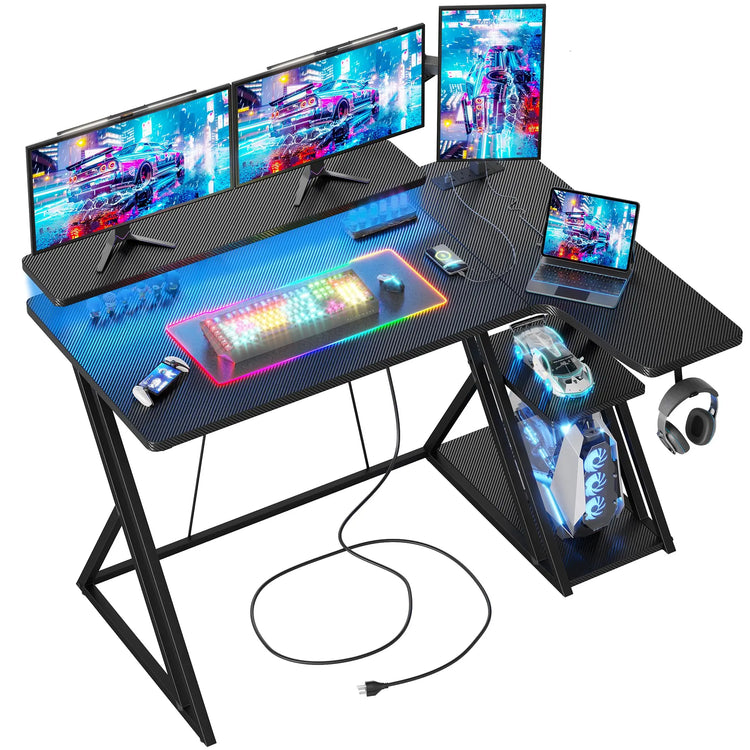BEXEVUE L Shaped Gaming Desk with LED and Power Outlet, 100x70 cm RGB Computer Desk with Carbon Fiber Desktop Gaming PC Desk with Head Phone Hook for E-sport Gamer Table, Home Office desk, Black