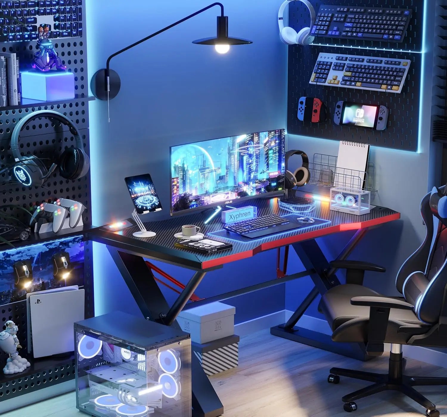 100 * 55 cm Gaming Desk with LED Lights, Gaming Table Thickened Z Shaped, Gamer Desk with Carbon Fiber Coated, Gaming PC Desk, Computer Desk Easy to Assemble, Carbon Fiber Black