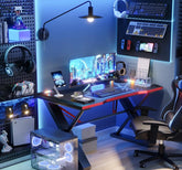 100 * 55 cm Gaming Desk with LED Lights, Gaming Table Thickened Z Shaped, Gamer Desk with Carbon Fiber Coated, Gaming PC Desk, Computer Desk Easy to Assemble, Carbon Fiber Black