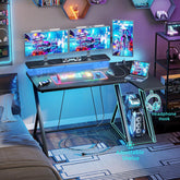 BEXEVUE L Shaped Gaming Desk with LED and Power Outlet, 100x70 cm RGB Computer Desk with Carbon Fiber Desktop Gaming PC Desk with Head Phone Hook for E-sport Gamer Table, Home Office desk, Black
