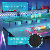 BEXEVUE L Shaped Gaming Desk with LED and Power Outlet, 100x70 cm RGB Computer Desk with Carbon Fiber Desktop Gaming PC Desk with Head Phone Hook for E-sport Gamer Table, Home Office desk, Black