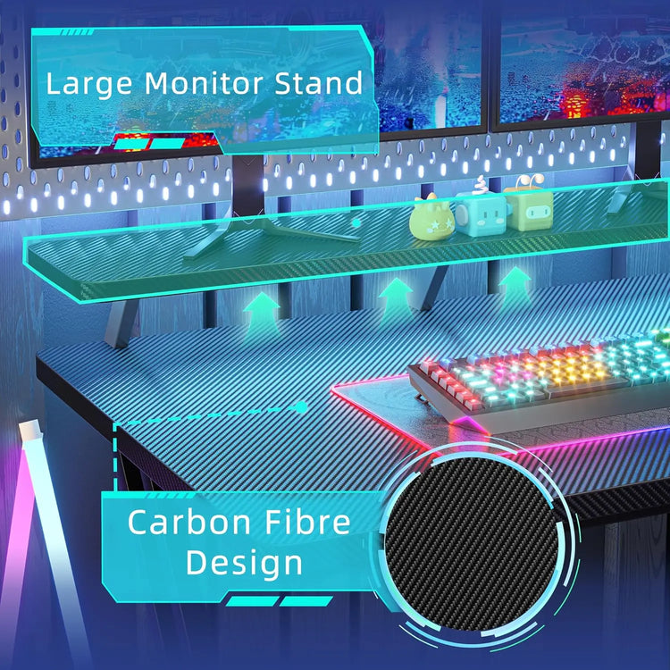 BEXEVUE L Shaped Gaming Desk with LED and Power Outlet, 100x70 cm RGB Computer Desk with Carbon Fiber Desktop Gaming PC Desk with Head Phone Hook for E-sport Gamer Table, Home Office desk, Black