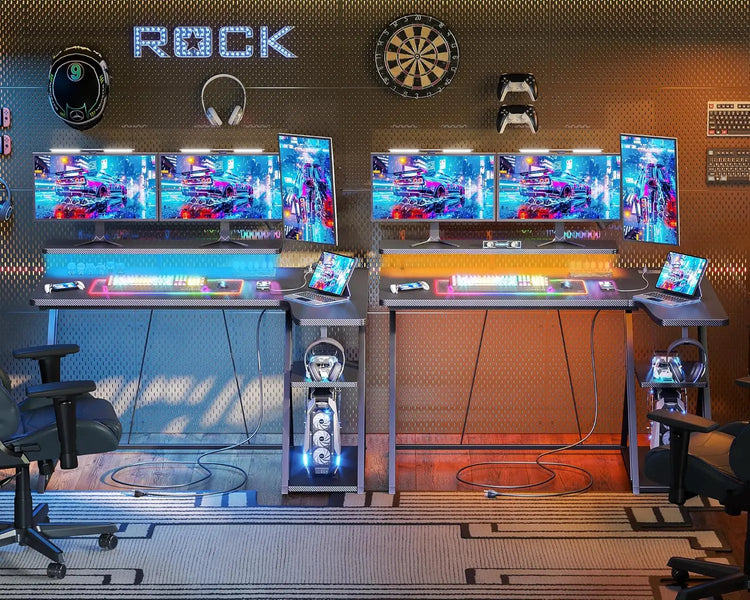 BEXEVUE L Shaped Gaming Desk with LED and Power Outlet, 100x70 cm RGB Computer Desk with Carbon Fiber Desktop Gaming PC Desk with Head Phone Hook for E-sport Gamer Table, Home Office desk, Black