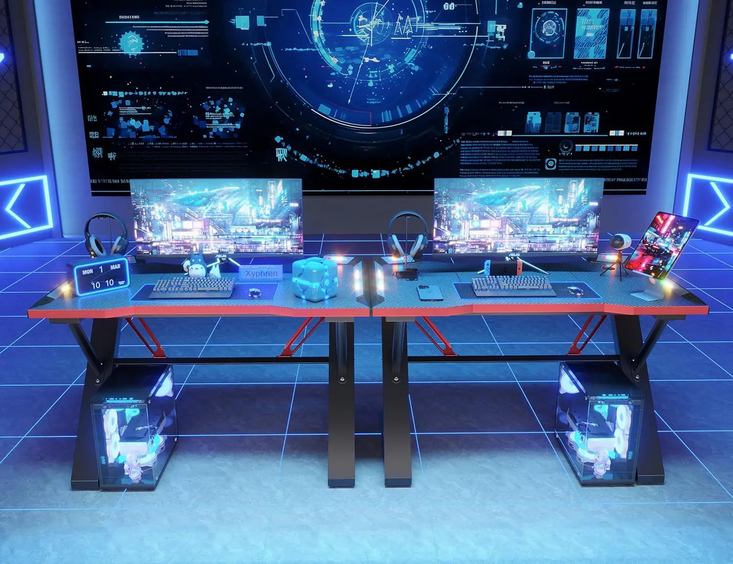 100 * 55 cm Gaming Desk with LED Lights, Gaming Table Thickened Z Shaped, Gamer Desk with Carbon Fiber Coated, Gaming PC Desk, Computer Desk Easy to Assemble, Carbon Fiber Black